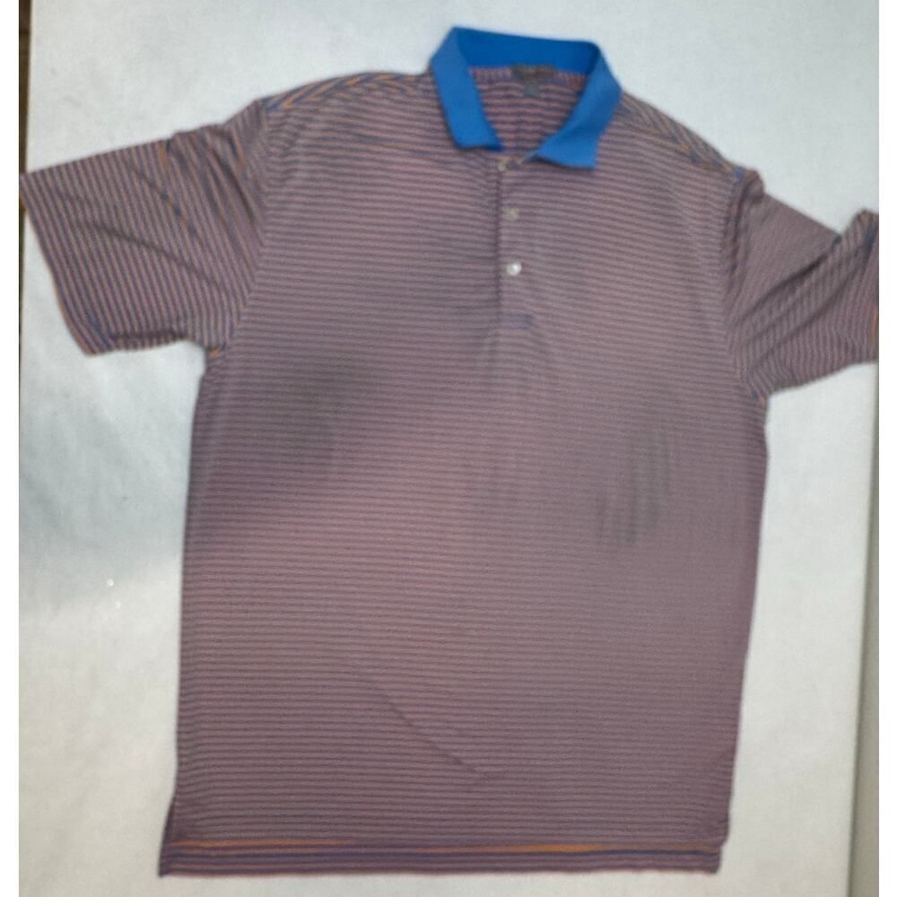 Peter Millar Summer Comfort Orange Blue Striped Polo Shirt Golf - Size Large